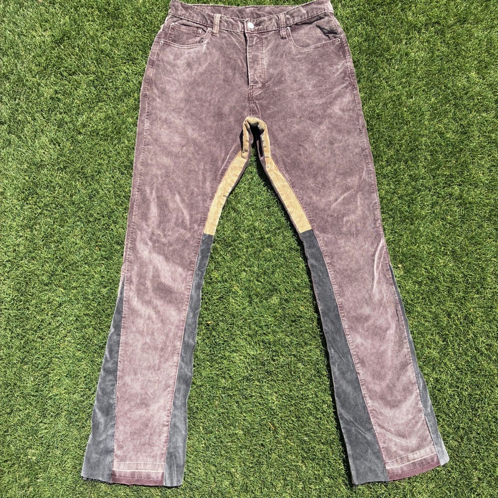 MNML Men's Corduroy Flare Pants 31x34 Brown Acid Wash Gray Panels Size 30